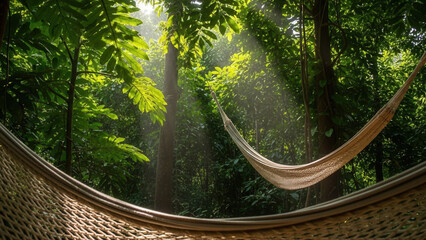 Serene couple of hammocks hanging in lush green woods with dappled sunlight filtering through the trees, creating a tranquil and relaxing outdoor scene