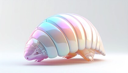 Iridescent, stylized pillbug on white. Detailed rendering, soft lighting