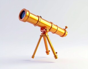 Golden telescope on tripod, against white backdrop. Shiny, detailed design