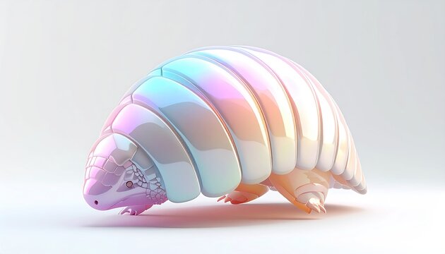 Iridescent, stylized pillbug on white. Detailed rendering, soft lighting