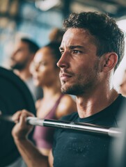 fit young man lifting barbells looking focused working out in a gym with other people no logos no brands ar 34