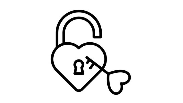 heart shape lock with love key, vector animated icon of love padlock