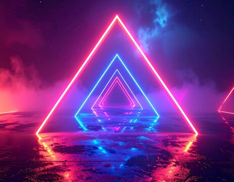 Glowing neon triangles reflected on a wet surface with a starry sky - Powered by Adobe