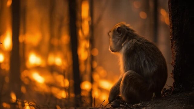 A lone monkey sits amid a forest fire, orange flames licking trees, smoke cloaking dusk. Ember glow