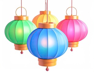 Colorful, round lanterns, hanging from above, against a white backdrop
