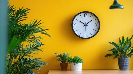 A minimalist clock on a yellow classroom wall set to 3 pm surrounded by potted plants and a lamp
