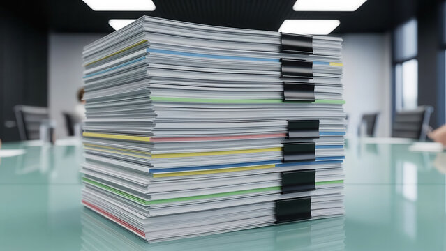 Stack of presentation decks clipped on glass conference table, business documentation and corporate meeting workflow