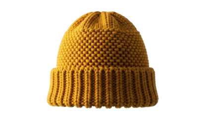 Mustard yellow knitted beanie hat isolated PNG, warm winter headwear for cold weather fashion on transparent background