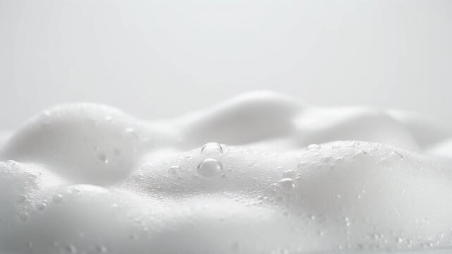 Slow-motion close-up of white creamy foam forming gentle waves like soft clouds, minimalist