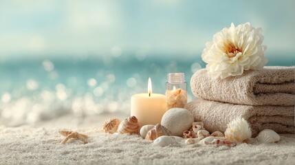 luxury towel and spa set on beach with flower seashells and glowing candle empty background for promotional or banner layout in wellness theme
