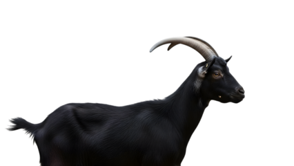 A black goat with large curved horns standing with a focused expression isolated on a transparent background