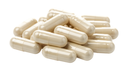 A pile of off-white gel capsules scattered together isolated on a transparent background medical supplement