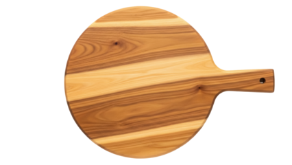 Wooden cutting board PNG isolated on transparent background, round wood serving platter with handle for food presentation and kitchen use