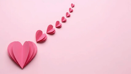 Pink Paper Hearts Flying on Pink Background. Minimalist 3D Love Concept with Copy Space