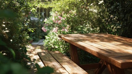 Obraz premium sunlit wooden table in a lush green garden oasis