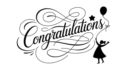 Congratulations Calligraphy with Girl Holding Balloon in Elegant Black Swirls for Celebration Design