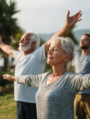 group of senior people with closed eyes stretching arms outdoor mature yoga class doing breathing exercise women and men doing breath exercise with outstretched arms balance and meditation concept no