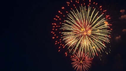 A vibrant burst of golden and red fireworks illuminating the dark night