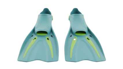 Pair of turquoise swim fins isolated PNG on transparent background, snorkeling equipment for water sports and recreational swimming