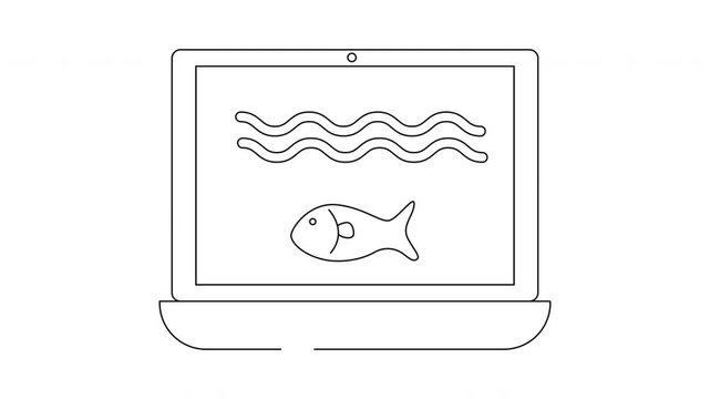 Line art of a laptop displaying waves and a fish on its screen