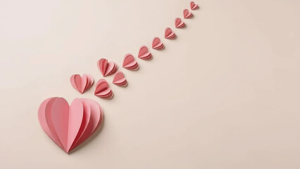 Pastel Pink Paper Hearts Stream Background. Minimalist 3D Love Concept with Copy Space