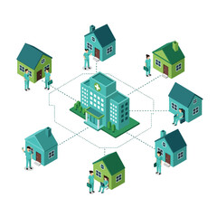 Isometric illustration of a hospital connected to multiple homes, symbolizing a healthcare network or home care services.
