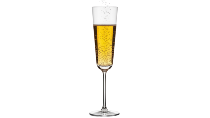 Elegant champagne flute with golden bubbly liquid isolated PNG, celebratory drink for special occasions and festive events on transparent background