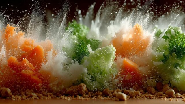 Colorful vegetables exploding with white powder and sparkling particles.