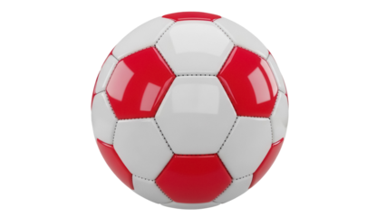 Red and white soccer ball PNG isolated on transparent background, classic football equipment for sports and games