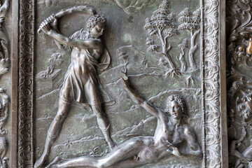 Relief on door of gothic Basilica of the Holy House (Basilica della Santa Casa), Loreto, Italy