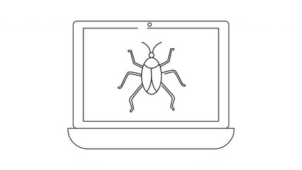 Line drawing of a laptop screen displaying a bug - Powered by Adobe