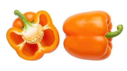 Vibrant orange bell pepper isolated PNG, one whole and one halved on transparent background, fresh vegetable for cooking and healthy eating