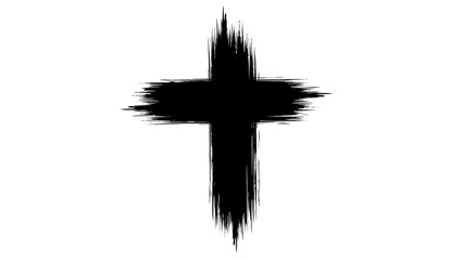 Black brush-stroke cross on white background, minimalist grunge religious symbol, abstract Christian cross design
