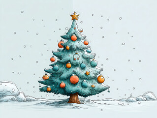 Christmas tree decorated with colorful baubles snowy winter