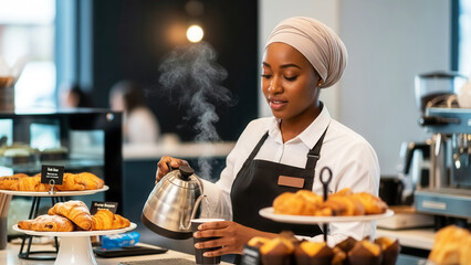 Muslim woman pouring tea into to-go cup, barista service and modern bakery experience