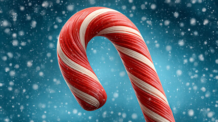 Candy cane with red and white stripes falling snow winter holiday
