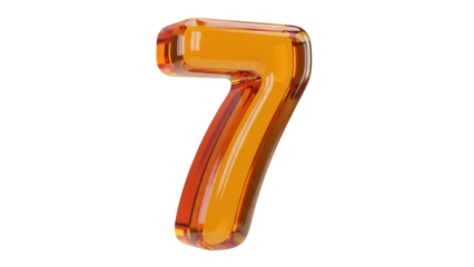 Orange glass number 7 isolated PNG, glossy digit seven on transparent background for graphic design and festive decorations