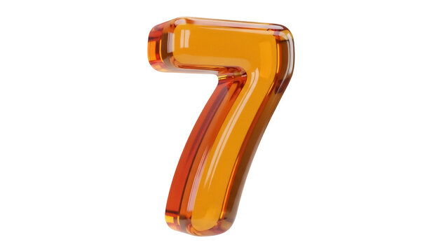 Orange glass number 7 isolated PNG, glossy digit seven on transparent background for graphic design and festive decorations