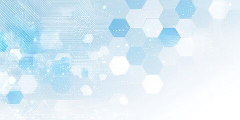 Light-blue, translucent hexagons and circuit-like lines create a soft, technology-inspired backdrop