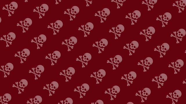 Skull and Crossbones Animated Pattern Video on red background, Seamless Pirate Background Loop. Poison concept