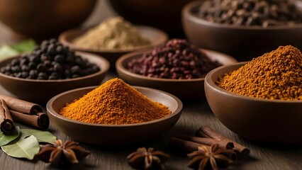 A close-up shot of various spices in wooden bowls, including turmeric, peppercorns, and star anise.