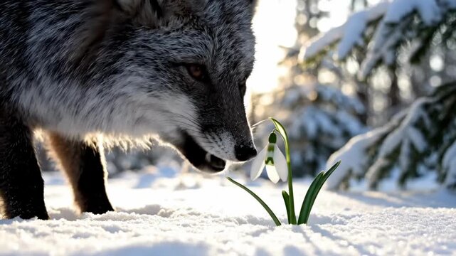 Wild silver fox curiously sniffing a delicate snowdrop flower in a sunlit snowy winter forest during golden hour for new life concept and natural balance