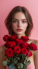 Portrait of a beautiful young Caucasian woman with open shoulders holding red roses against a soft pink backdrop, evoking elegance, romance, and feminine charm.
