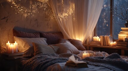 cozy bedroom scene with candlelight and fairy lights