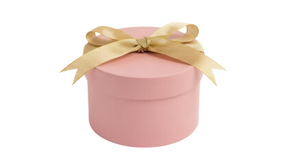 Elegant light pink round gift box with golden ribbon isolated PNG, present for birthday or special occasion on transparent background