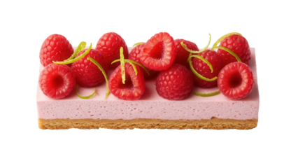 Delicious raspberry cheesecake bar isolated PNG on transparent background, gourmet dessert with fresh berries and lime zest for patisserie and food design