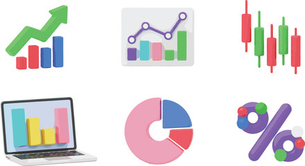 Set of 3D business financial data analysis icons featuring bar charts growth arrows candlestick graphs laptop displays pie charts and percentage symbols for marketing presentation.