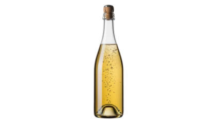 Sparkling wine bottle PNG isolated on transparent background, golden champagne with bubbles for celebrations and special occasions