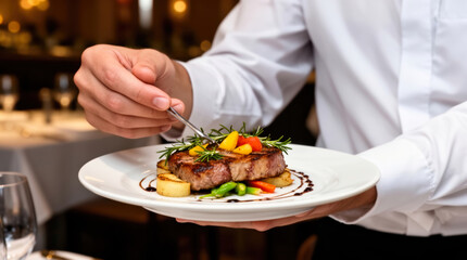 Modern chef presenting grilled steak with rosemary, peppers, potatoes and asparagus on white plate - close-up hand presentation