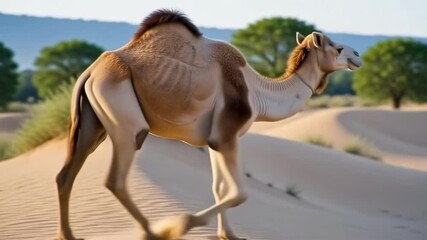 Single humped camel walking on sandy dunes in a dry desert landscape during daylight for resilience concept and Arabian journey